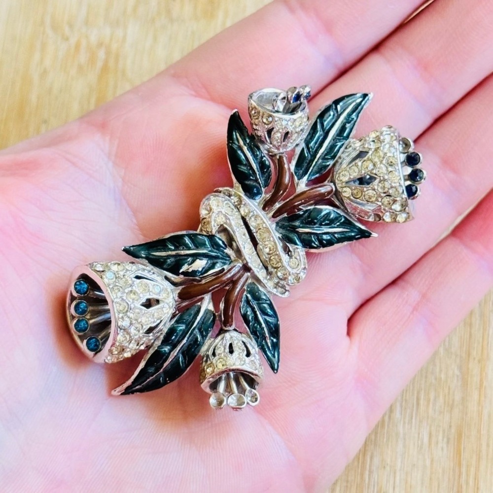 VTG Coro Duette Signed Pin Brooch Flower Rhinestone Art Deco As Is For Repair